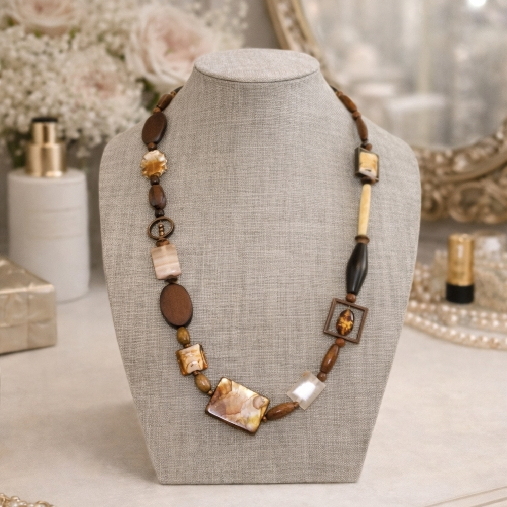 Brown Earthy Mother of Pearl Necklace Beads - Pre-loved (26"-27")